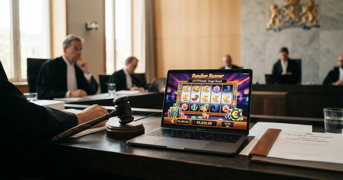 Een Nederlandse rechter met een hamer naast een computerscherm dat een online casino toont, met het geld-terug-symbool zichtbaar