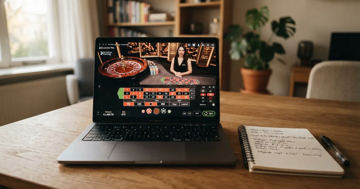 Een laptop met op het scherm een online casino-interface, ernaast een notitieblok met een doorgestreepte rekensom
