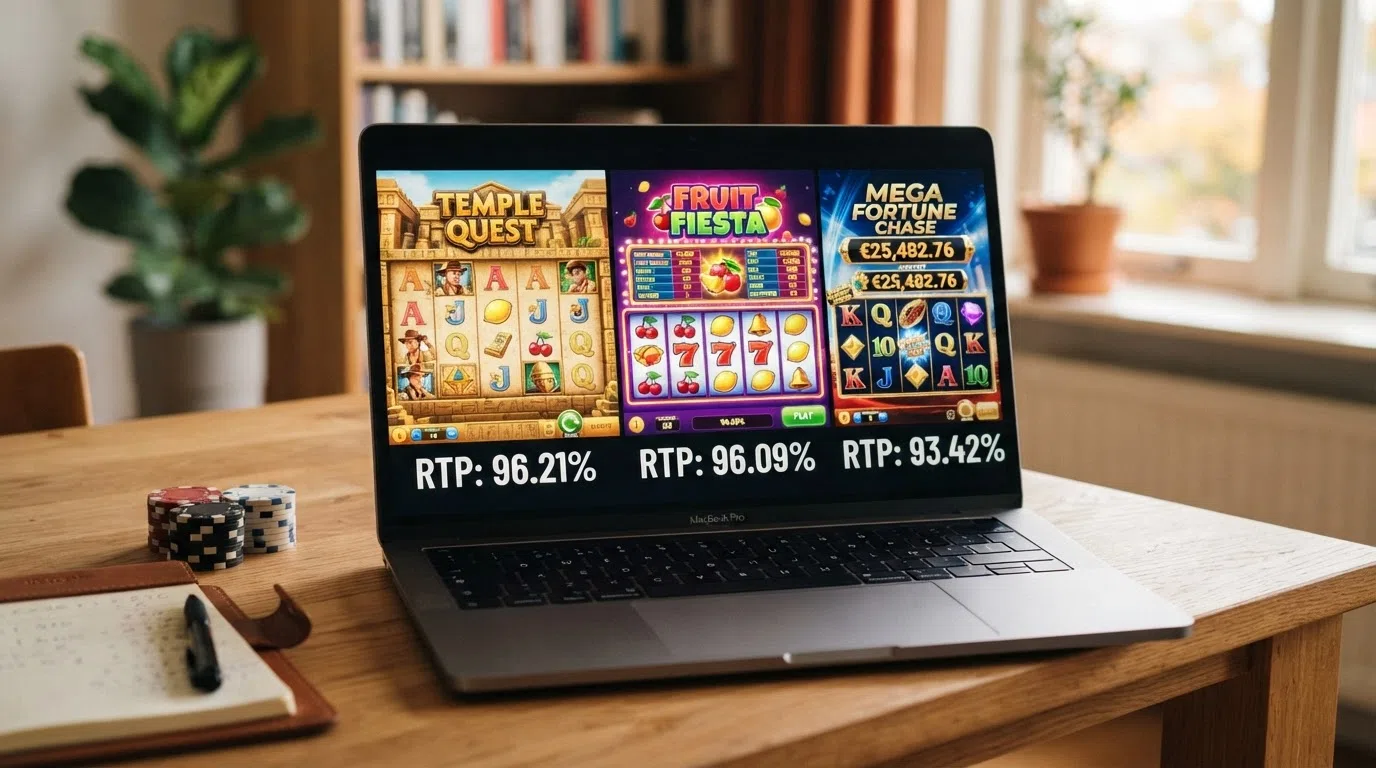 Drie populaire gokkast-titels naast elkaar — Book of Dead, Starburst en Mega Moolah — met hun RTP-percentages als overlay