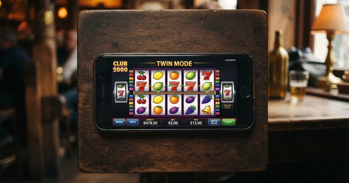 De online Club 2000-interface van Stakelogic met fruit-symbolen, het Twin Mode-scherm en het Mystery Club-logo
