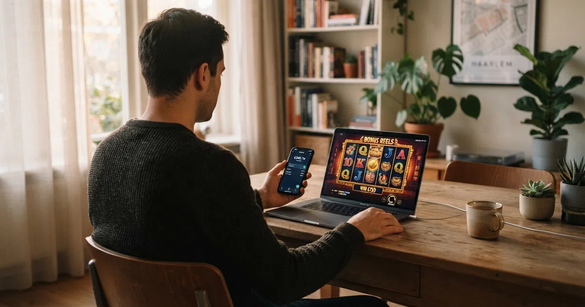 Nederlandse speler kijkt naar een online casino-interface op een laptop, met een waarschuwingssymbool dat aangeeft dat Cruks-uitsluiting wordt omzeild