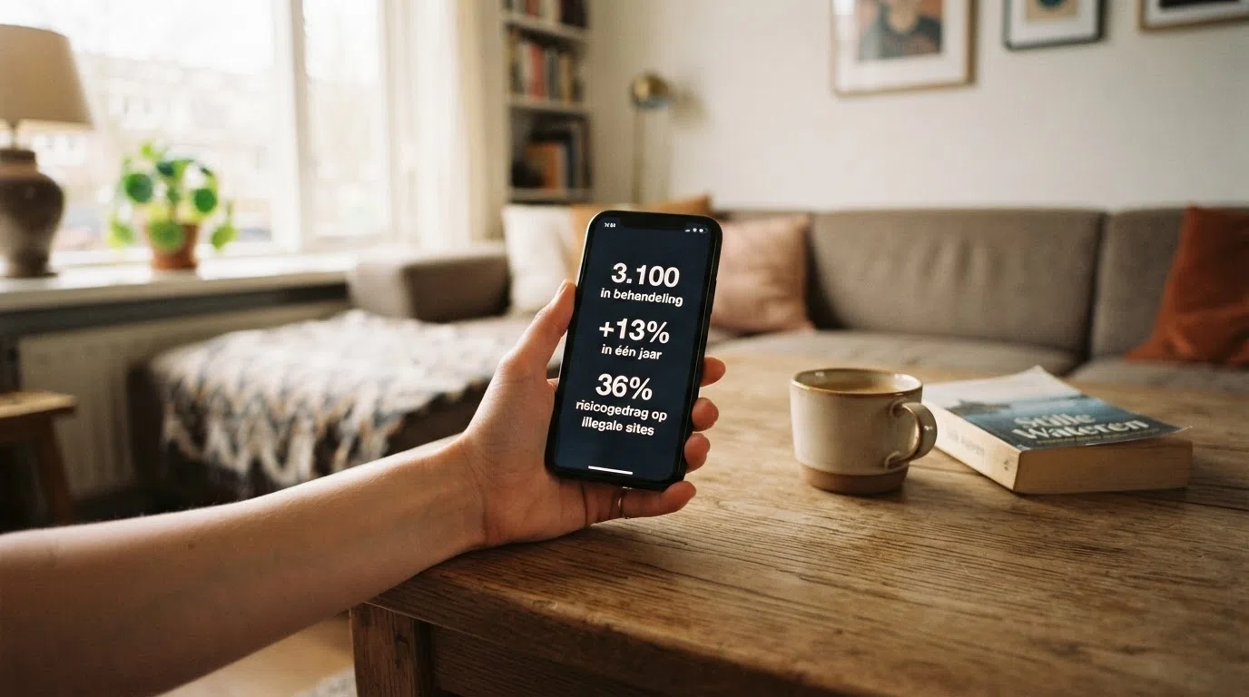 Een infografiek met de kerncijfers: 3.100 in behandeling, +13% in één jaar, 36% risicogedrag op illegale sites, 100.000+ CRUKS-ingeschrevenen