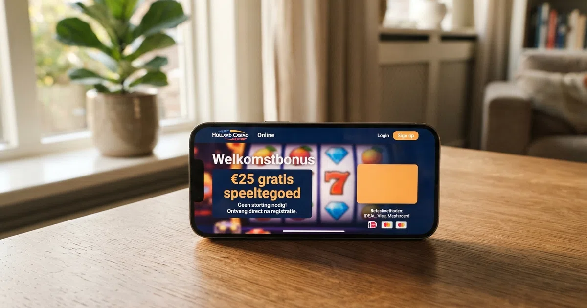 Een openingsscherm van een Nederlands online casino met een aanbieding voor een gratis bonus zonder storting