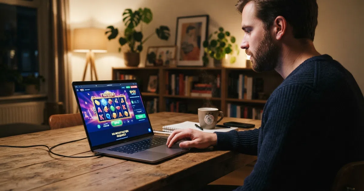 Een Nederlandse speler bekijkt online casinospellen op een laptopscherm, met een slotje-icoon dat opent
