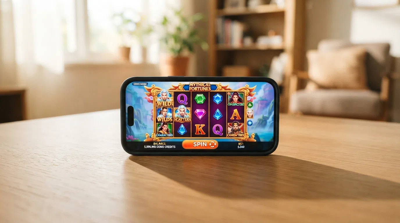 Het scherm van een nieuwe online gokkast in demo-modus met een speelgeld-saldo en de spin-knop in beeld