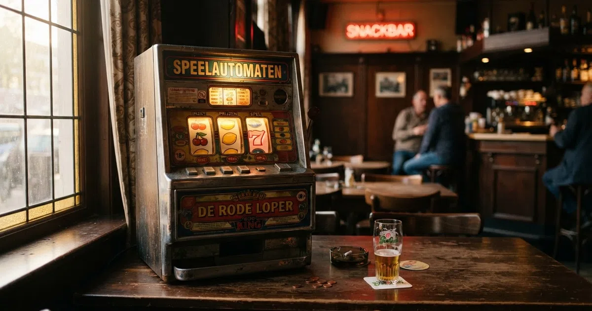 Een klassieke fruitautomaat met fruitsymbolen en rollen, weergegeven op een modern scherm naast een retro café-omgeving