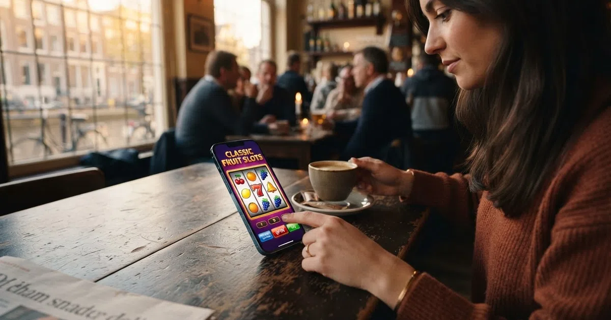 Een smartphone met daarop het scherm van een klassieke fruitautomaat met kersen, citroenen en druiven op de rollen