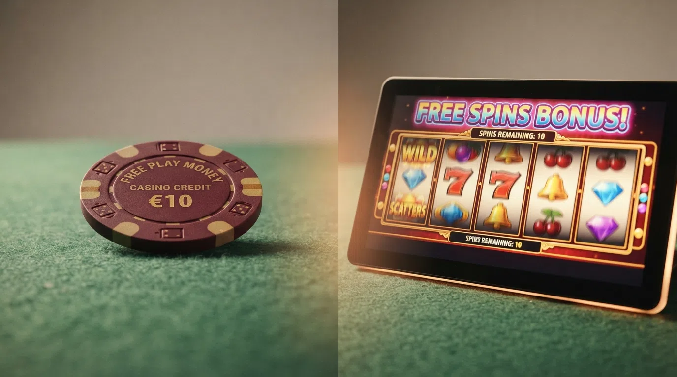 Een visuele vergelijking tussen een stapel casinochips als gratis speelgeld en een slotmachine met free spins-symbool