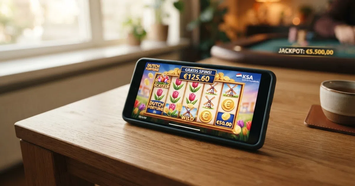 Een Nederlands online casino-interface op een laptopscherm, met een uitgelichte gokkast en de aanduiding van een gratis spins-aanbieding