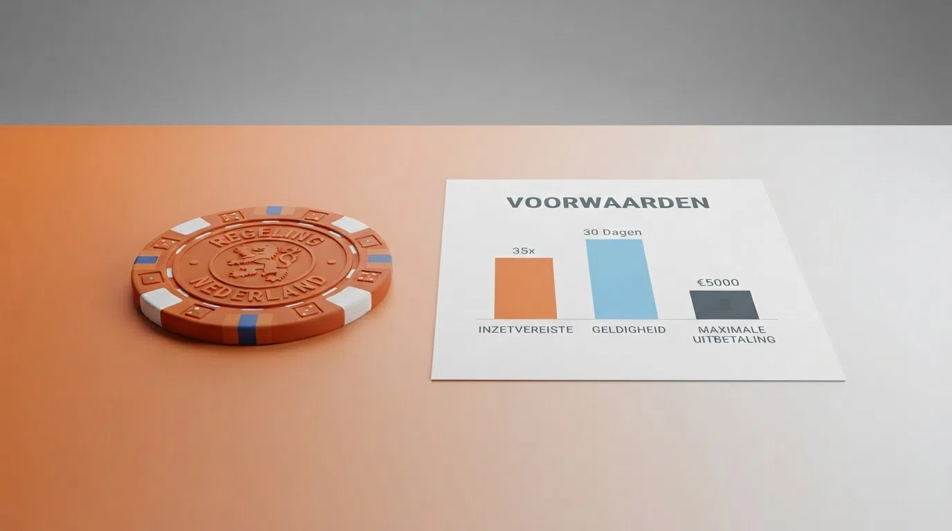 Een overzichtelijke weergave van bonusvoorwaarden bij een legaal online casino met inzetvereisten, geldigheid en limieten