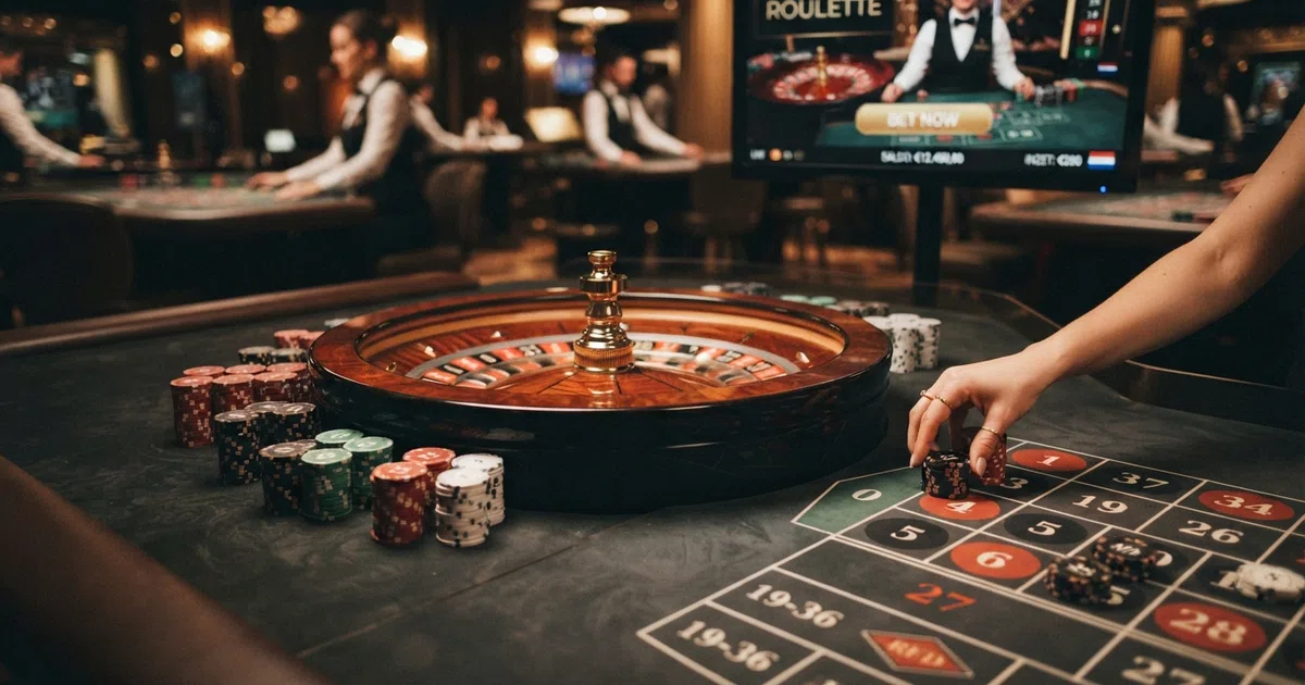 Een luxe online casino-interface met een roulettetafel, speelchips en een vergelijkingstabel van casino's op de achtergrond
