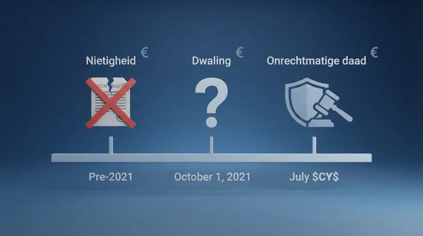 Een tijdlijn die de juridische routes voor en na de Hoge Raad-uitspraak van 2026 toont: nietigheid (doorgestreept), dwaling en onrechtmatige daad (gemarkeerd)