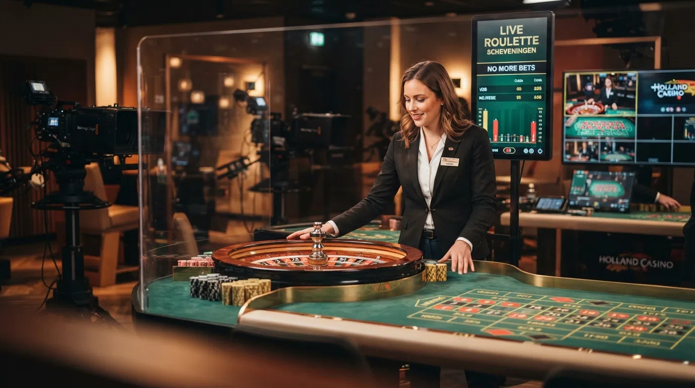 De live-dealerstudio van Holland Casino in Scheveningen: een echte speeltafel met een dealer en camera-opstelling, zichtbaar voor bezoekers in de zaal
