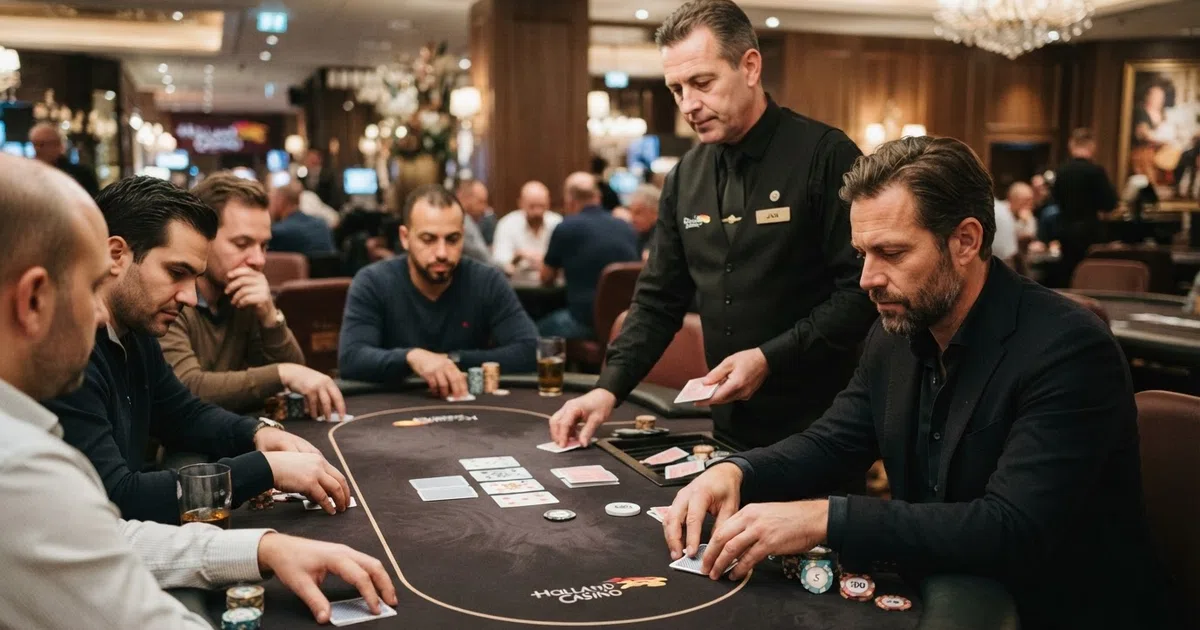 Een ruime pokertafel in een Nederlands casino met een dealer in uniform, meerdere spelers aan tafel, stapels fiches en kaarten in het spel