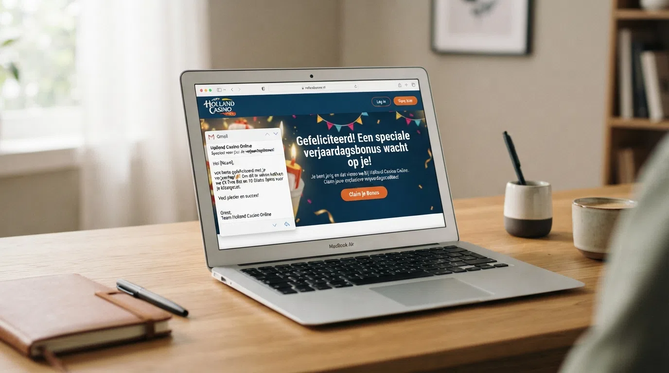 Een laptopscherm met de Holland Casino Online-promotiepagina en een geopende e-mail met een verjaardagsaanbieding