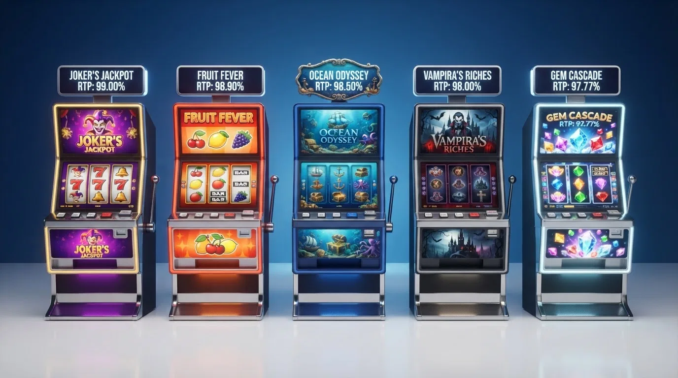 Vijf gokkasten met de hoogste RTP in Nederlandse online casino's, met hun percentages en providernamen in een overzichtelijke rij