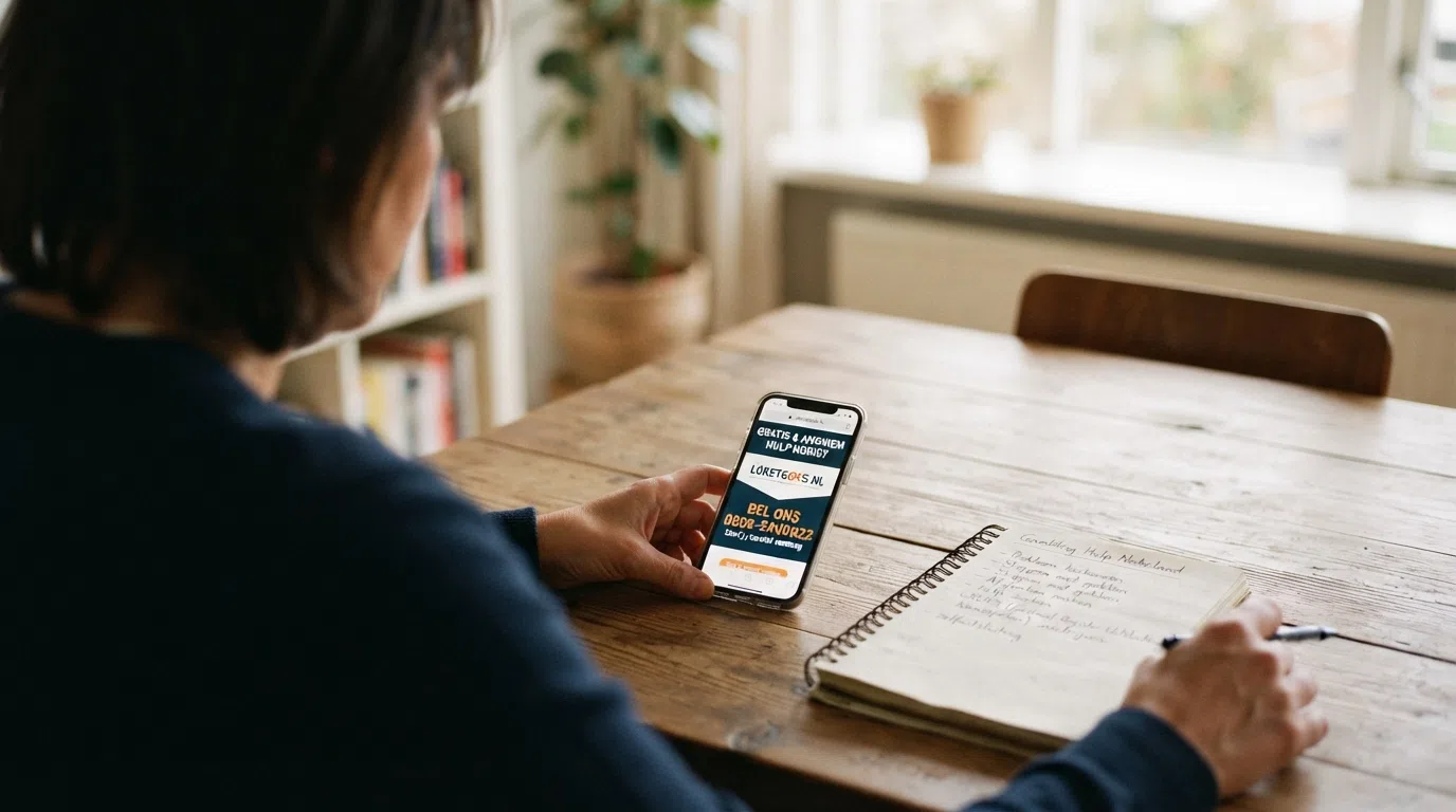 De logo's en contactkanalen van OpenOverGokken, CRUKS en HANDS 24x7 naast een telefoon met een help-gesprek