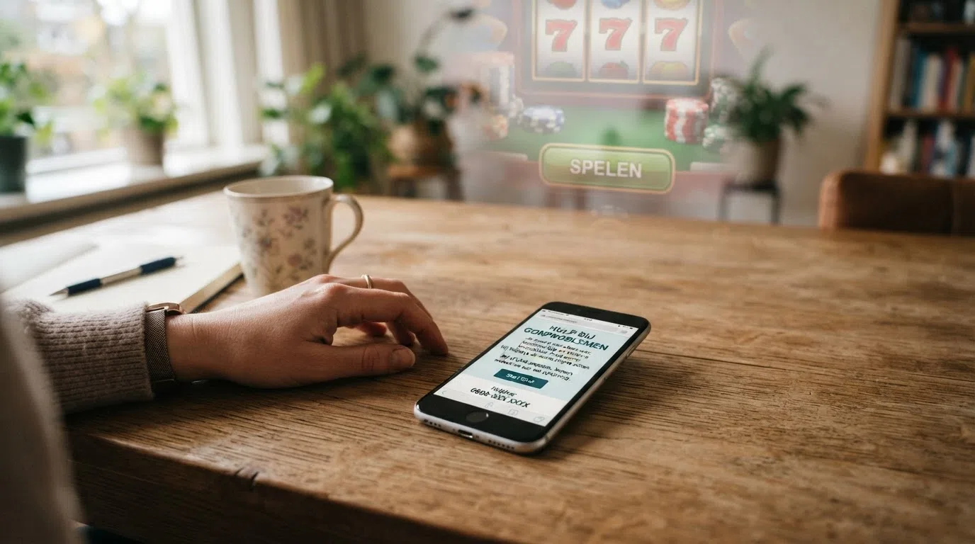 Een telefoon met daarop de websites van Jellinek en Trimbos naast een casino-scherm dat doorzichtig op de achtergrond vervaagt