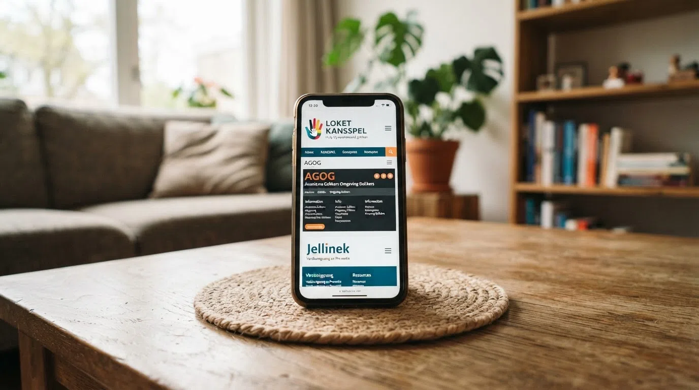 Een telefoon met daarop de websites van Loket Kansspel, AGOG en Jellinek — hulpbronnen voor Nederlandse spelers met gokproblemen