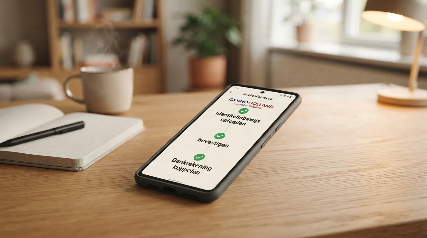 Een stapsgewijs diagram op een smartphone dat het verificatieproces toont: identiteitsbewijs uploaden, adres bevestigen, bankrekening koppelen — met een groen vinkje bij elke voltooide stap