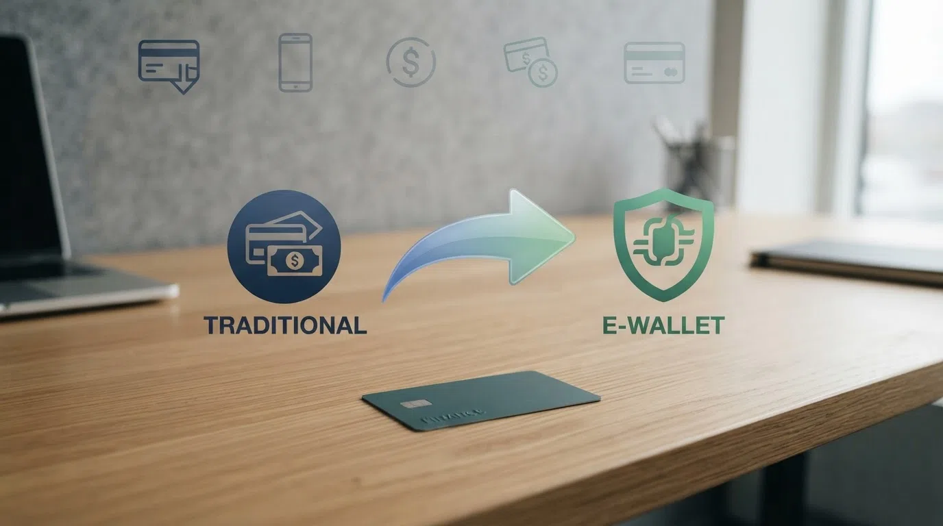 De logo's van iDEAL en Wero naast elkaar met een pijl die de overgang van iDEAL naar Wero visualiseert, met op de achtergrond de logo's van PayPal, paysafecard, Skrill en Trustly