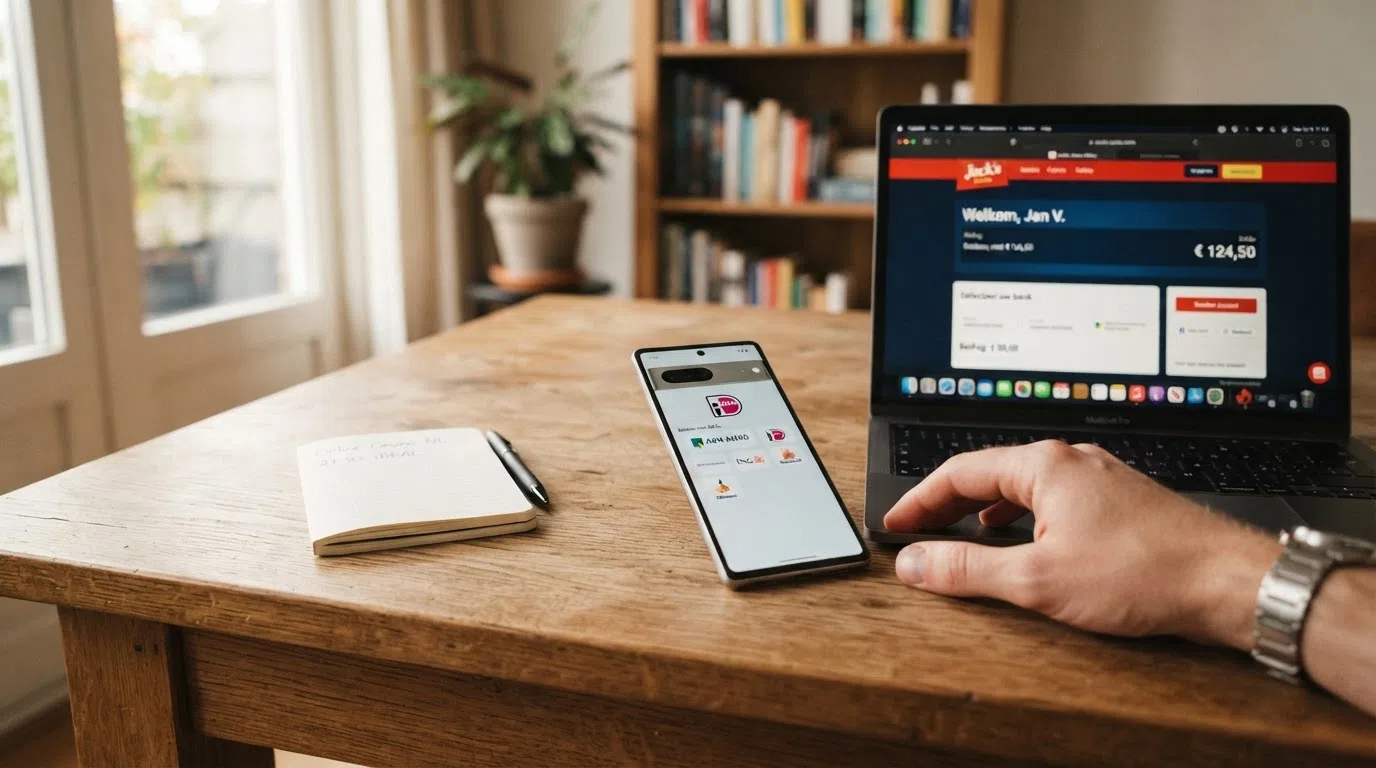 Een smartphone toont het iDEAL-betaalscherm met de bekende banklogo's, naast een open casino-account op een laptop