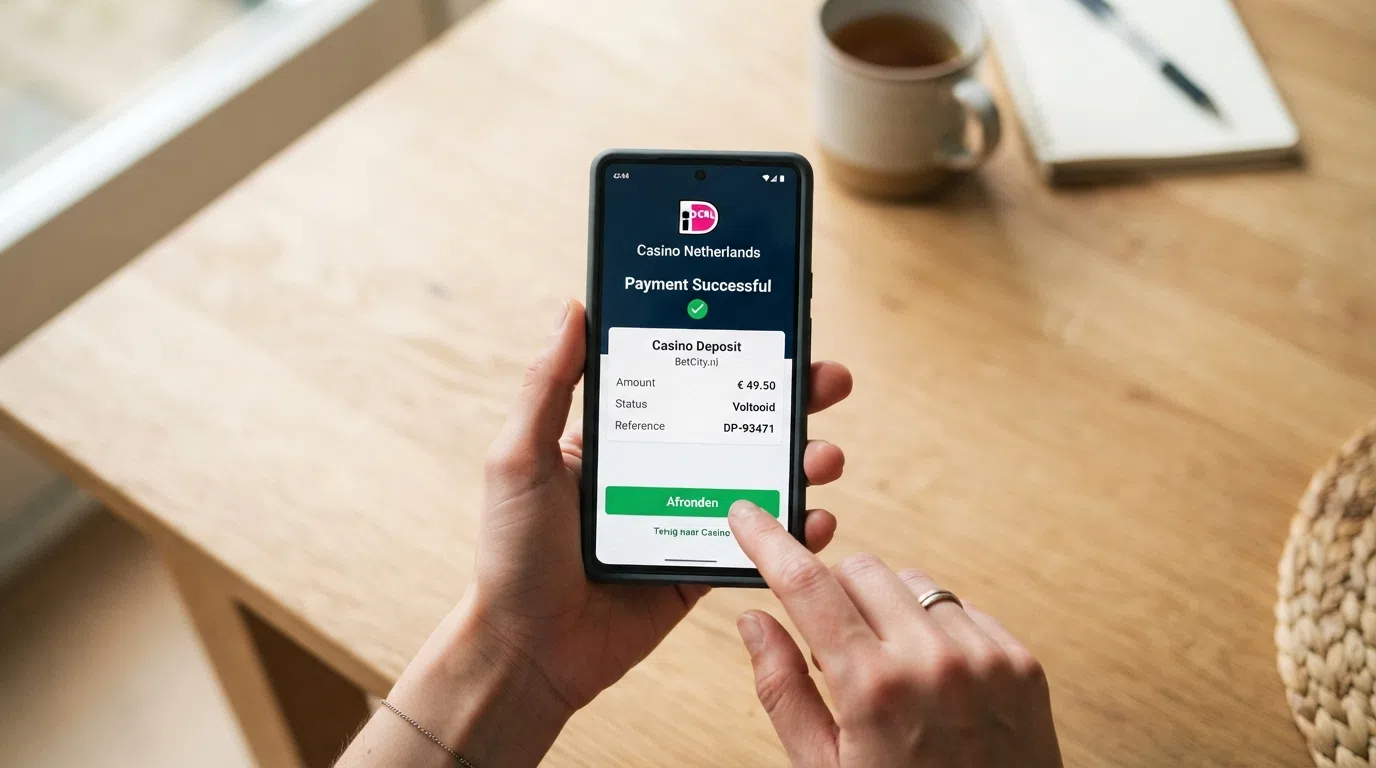Een smartphone met het iDEAL-betaalscherm voor een online casinostorting