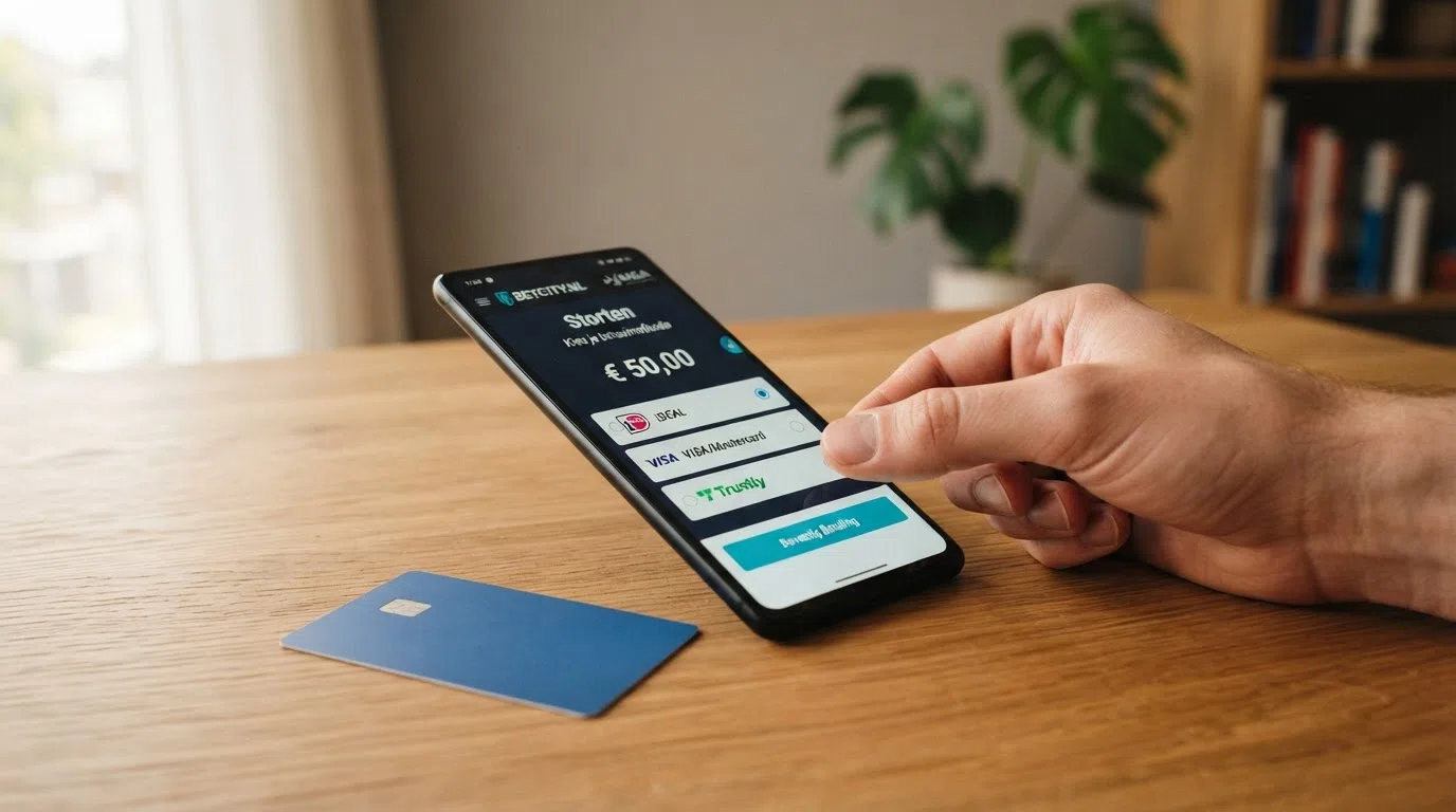 iDEAL- en PayPal-logo's naast het stortingsscherm van een online casino