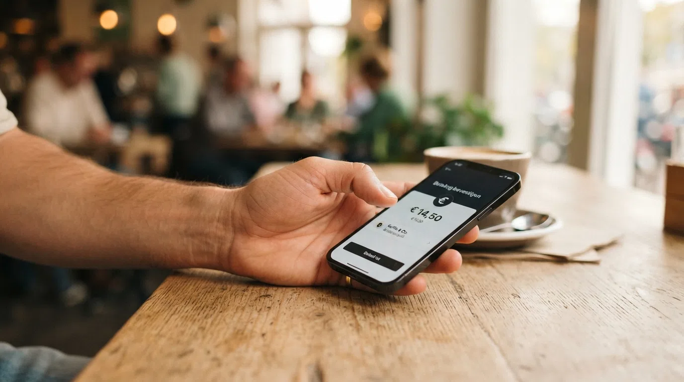 Een smartphone met het iDEAL-betaalscherm tijdens een online casino-storting van 5 euro