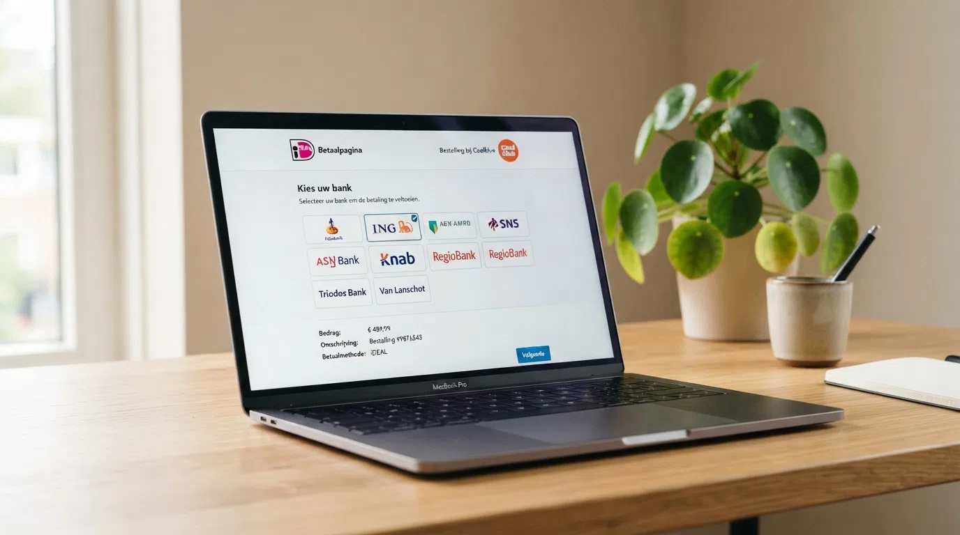 Het iDEAL-betaalscherm op een laptop met de kenmerkende blauwe bankselectiepagina van een Nederlandse bank