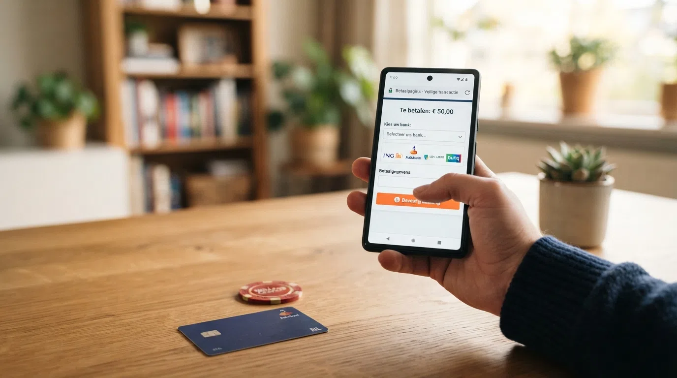 Een smartphone met een iDEAL-betaalpagina tijdens een storting bij een online casino