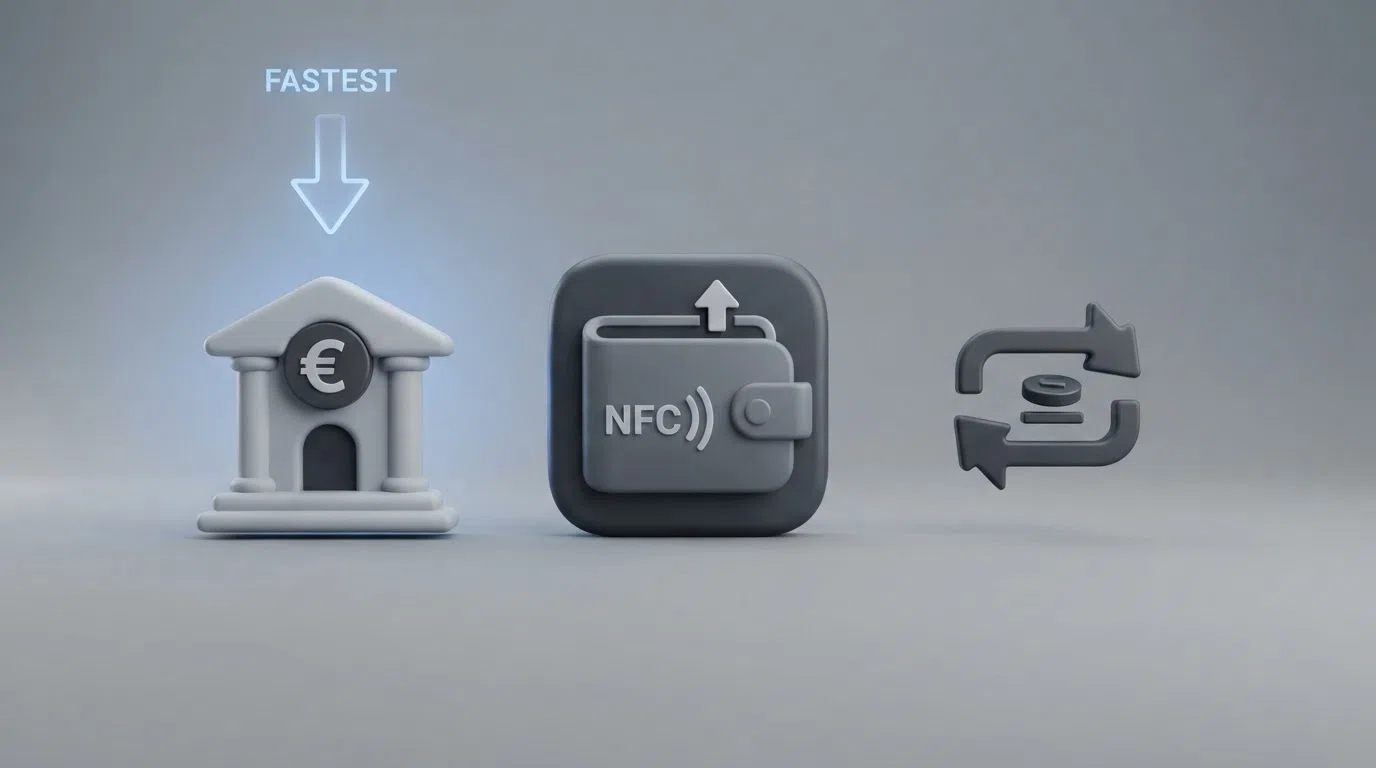 Drie betaaliconen — iDEAL, Trustly en bankoverschrijving — naast elkaar op een neutrale achtergrond, met een pijl die de snelste route markeert