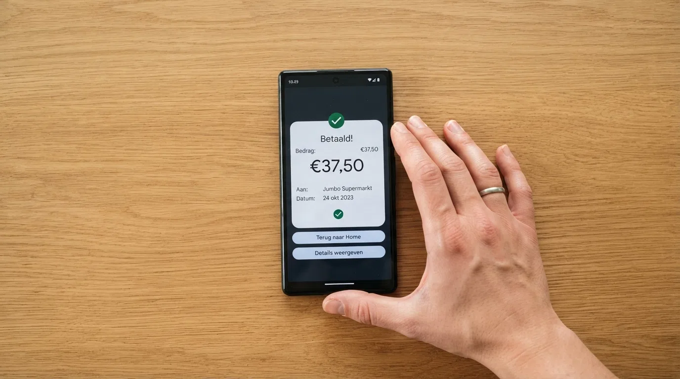 Een smartphone met het iDEAL-betaalscherm naast een casino-stortingspagina met het bedrag en de iDEAL-knop actief