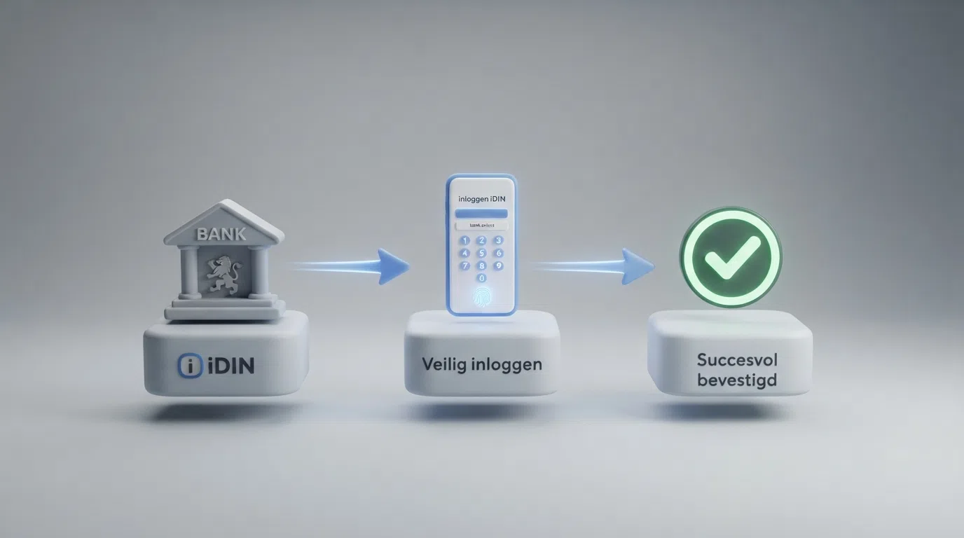 Een stroomschema van een iDIN-verificatie: bankselectie, inloggen, bevestiging, doorverwijzing naar het casino