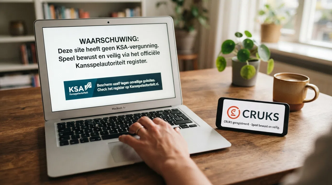 Een waarschuwingsscherm met de tekst 'Deze site heeft geen KSA-vergunning' naast het CRUKS-logo