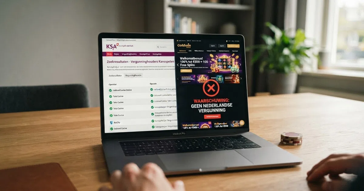 Een laptopscherm met de Kansspelwijzer-pagina van de KSA naast een internationale goksite met een waarschuwingsicoon