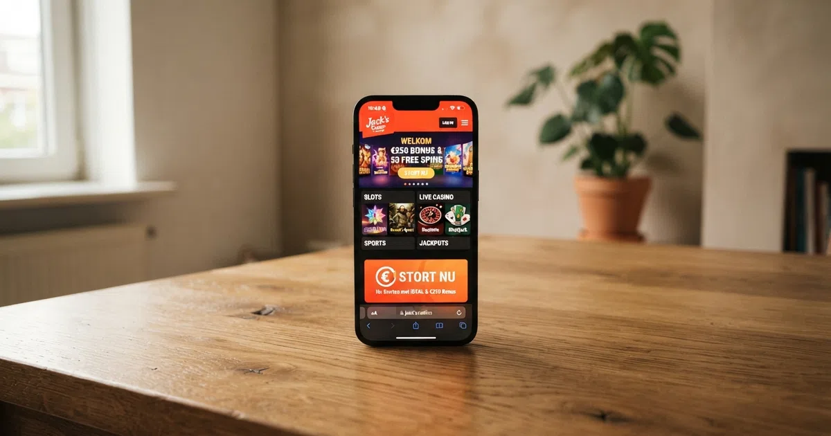 Een iPhone met daarop het startscherm van een Nederlandse casino-app, met zichtbare spelcategorieën en een iDEAL-stortingsknop