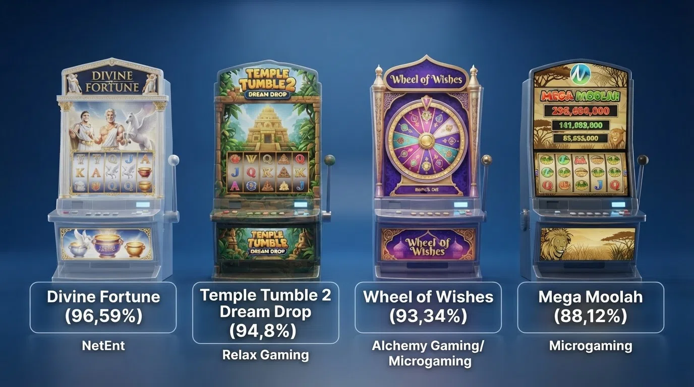 Vier jackpot slots naast elkaar getoond met hun RTP-percentages, provider-logo's en jackpot-tiers