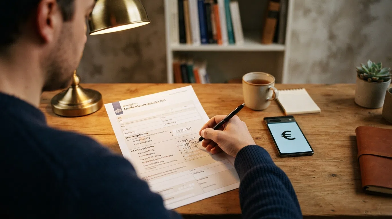 Een Nederlands belastingaangifteformulier met een rekenmachine ernaast, een notitieblok met het bedrag €449