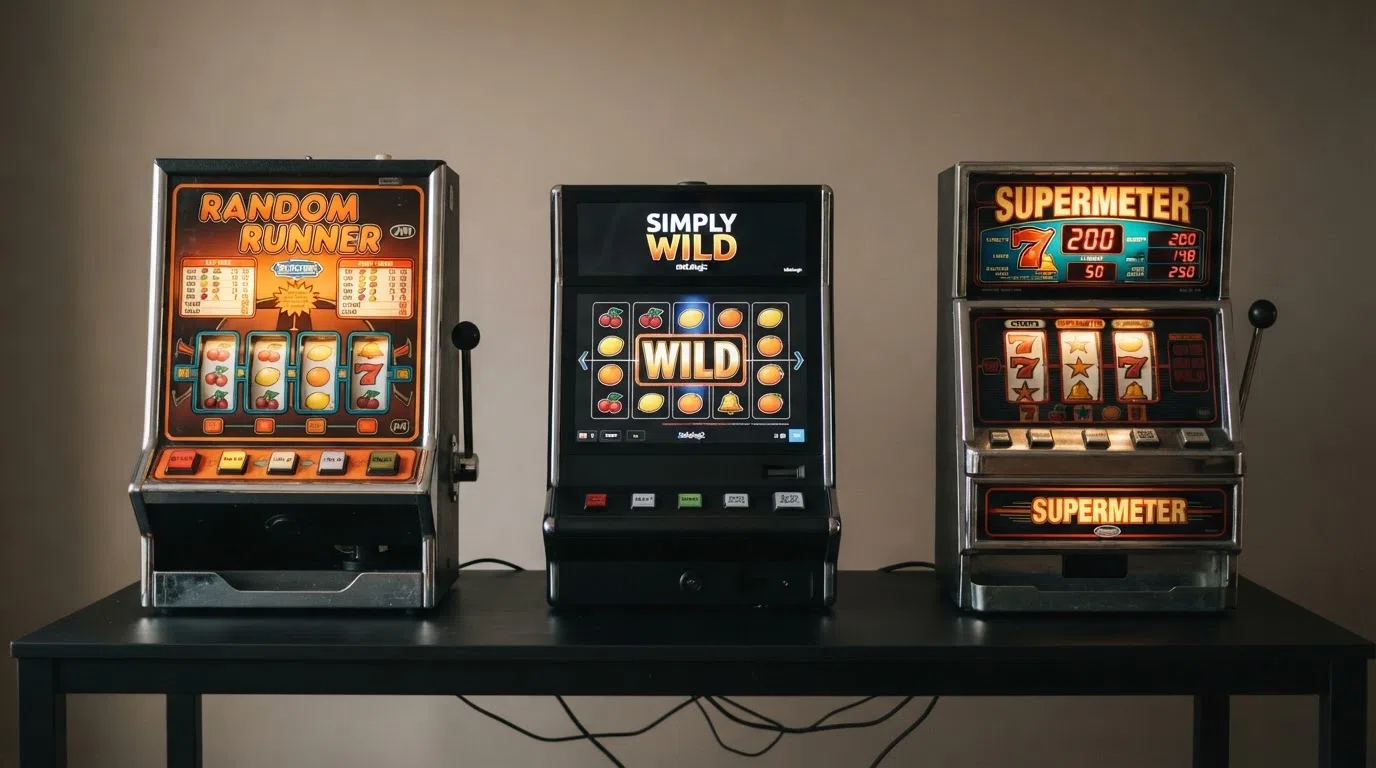 Een overzichtelijk vergelijkingsscherm van drie klassieke gokkast-titels (Random Runner, Simply Wild, Mega Joker) met hun rollen en symbolen zichtbaar