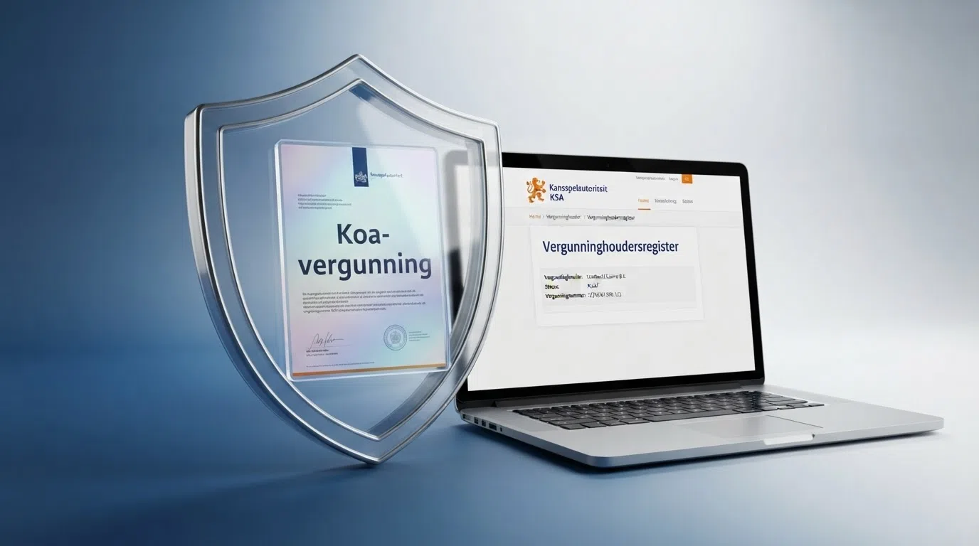 Het vergunninghoudersregister van de Kansspelautoriteit op een beeldscherm, met een Koa-vergunningsdocument ernaast