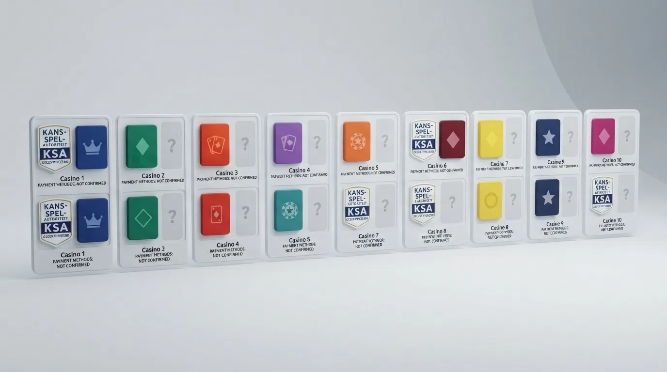 Een rij KSA-keurmerken naast casino-logo's met een lege kolom voor ecoPayz-acceptatie