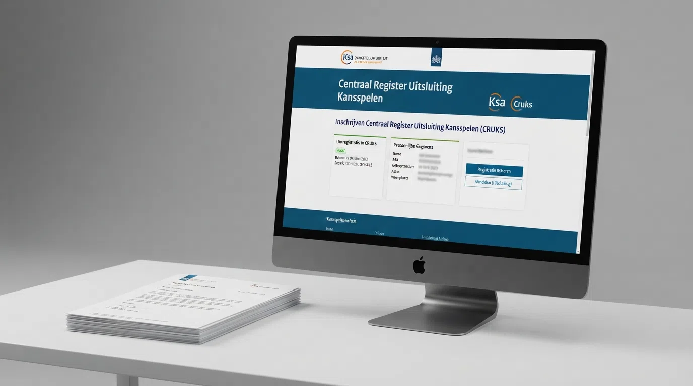 Het logo van de Kansspelautoriteit op een officieel ogende overheidswebpagina, met daarnaast een screenshot van het Cruks-register en de tekst “Centraal Register Uitsluiting Kansspelen.”