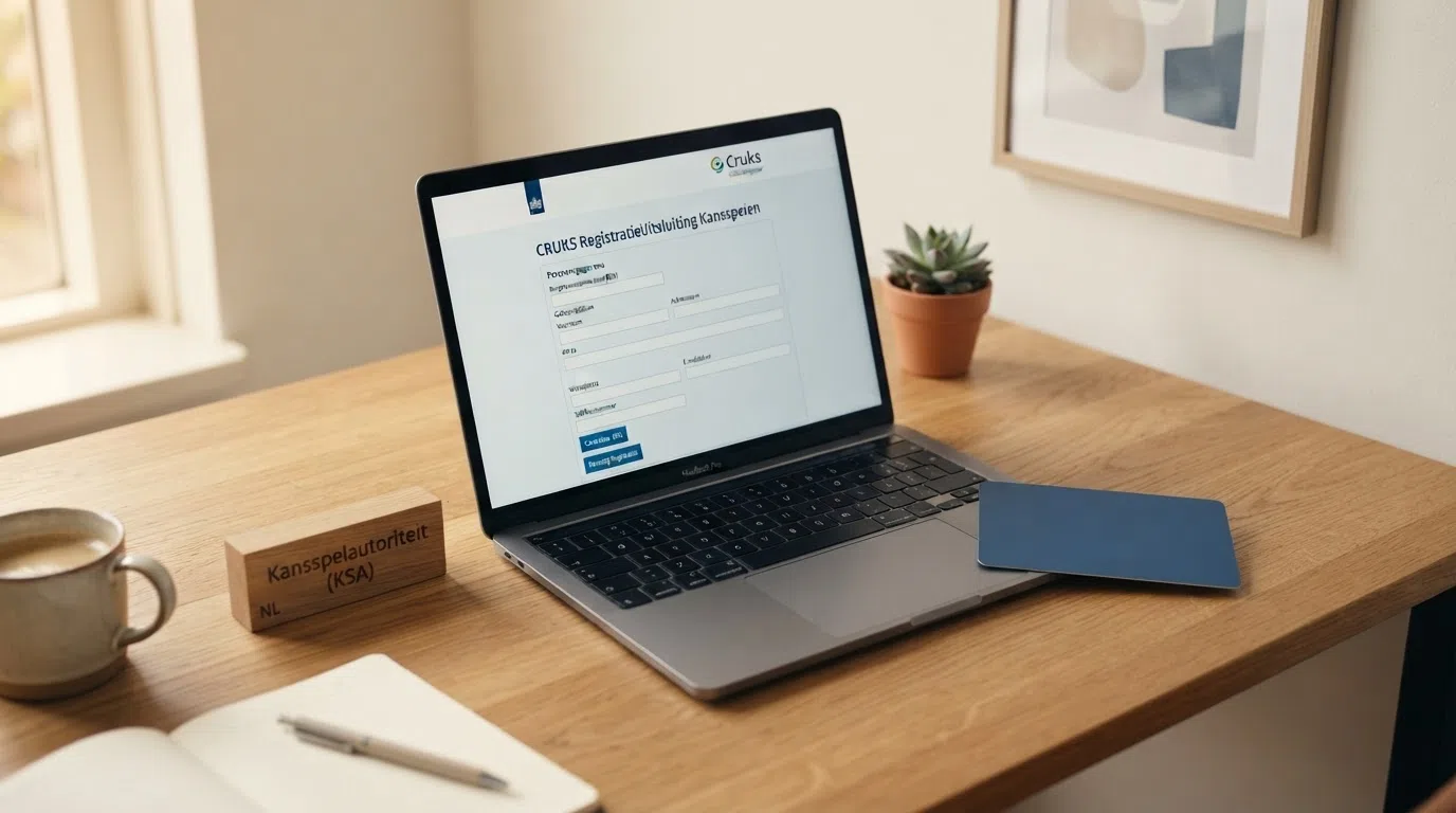 Het logo van de Kansspelautoriteit naast een scherm met het Cruks-registratieformulier en een KOA-vergunningbewijs