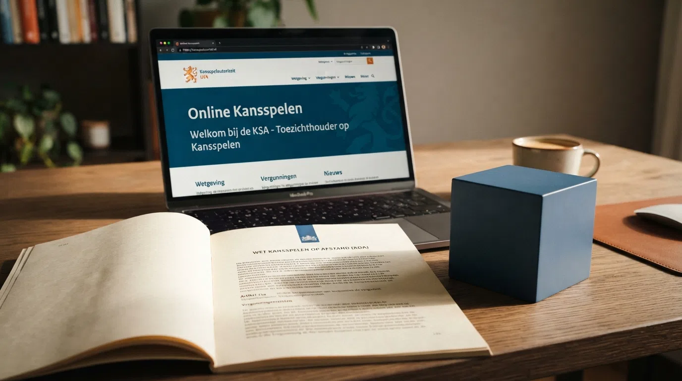 Een screenshot van de Kansspelautoriteit-website naast een Ethereum-logo met een juridisch document op de achtergrond