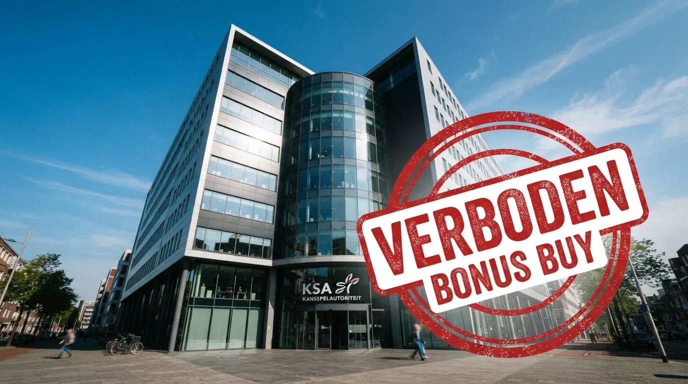 Het logo of gebouw van de Kansspelautoriteit, met een stempel of marker die het bonus buy-verbod visualiseert
