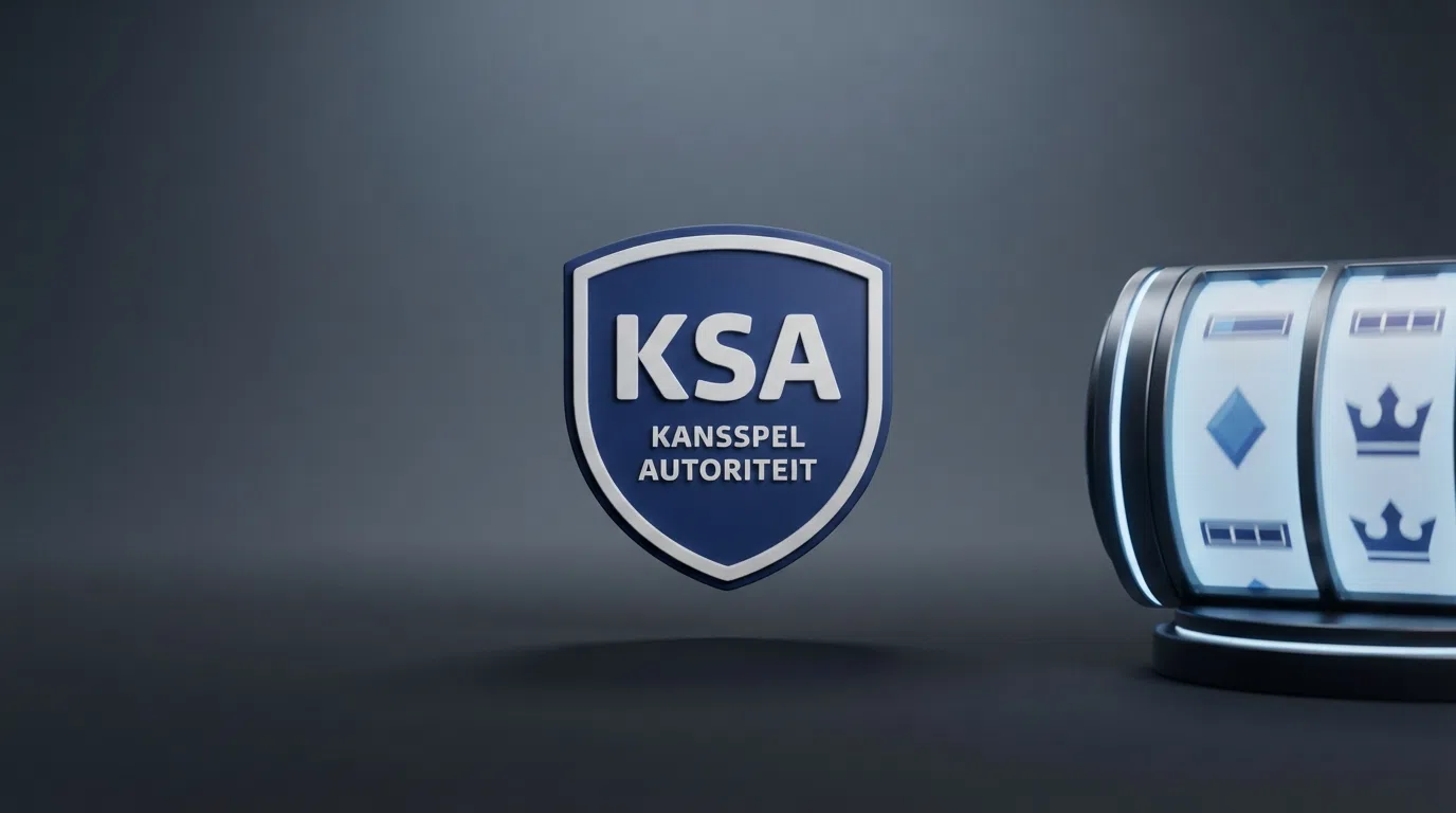 Het officiële KSA-logo naast een slot-icoon op een donkere achtergrond, met in kleine letters de kerncijfers: 32 vergunningen, 31 actief, boetes tot €870.000