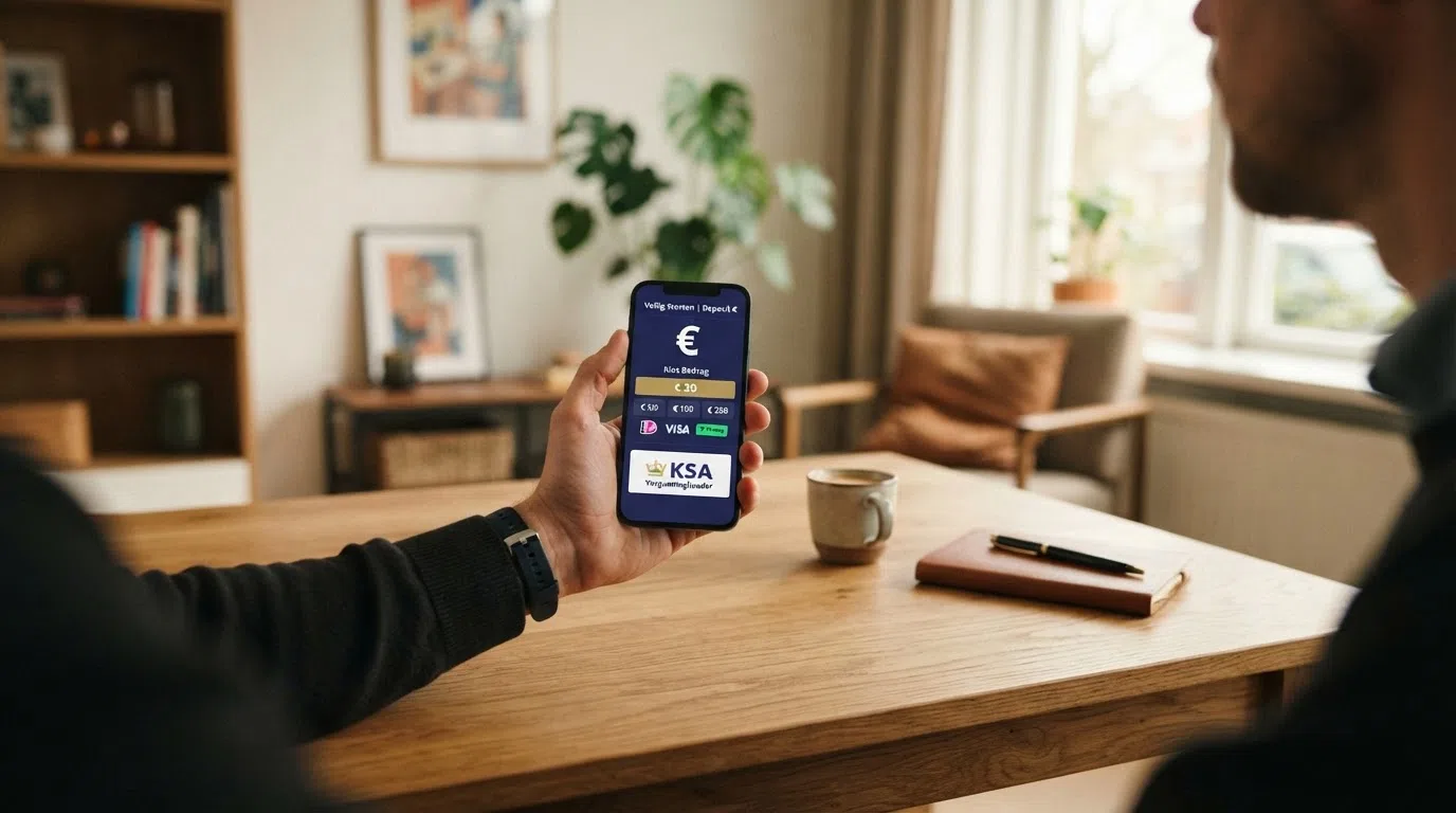 Close-up van het KSA-logo op een telefoonscherm, met op de achtergrond een casino app interface die het vergunningsnummer toont