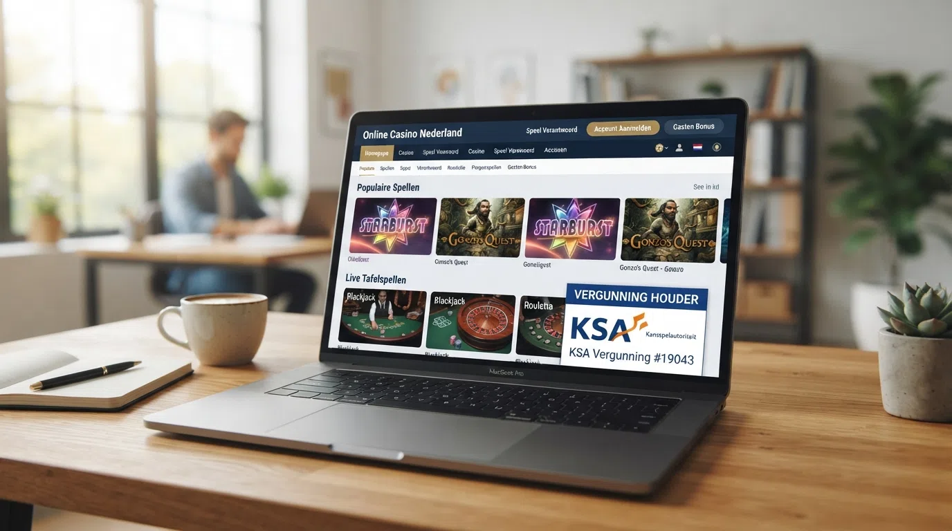 Het officiële Kansspelautoriteit-keurmerk op een scherm met een casino-interface op de achtergrond