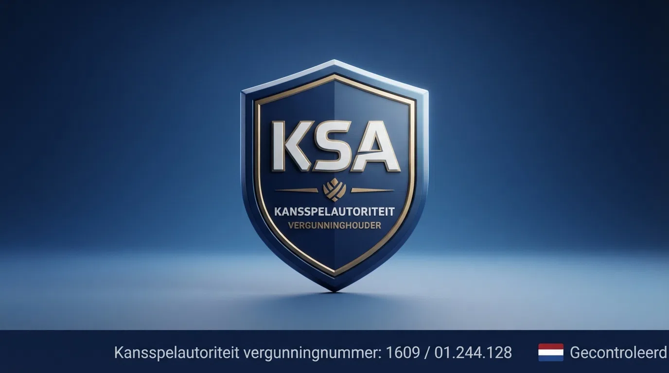 Het logo van de Kansspelautoriteit op de homepage van een Nederlands online casino, met een zichtbaar vergunningnummer in de footer